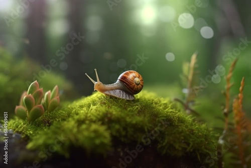 snail on mossy rock with blurred background and aesthetic raindrops. generative ai