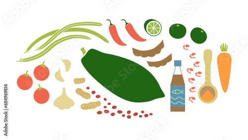 Thai green papaya salad fresh raw ingredients. Flat vector illustration isolated on white background.