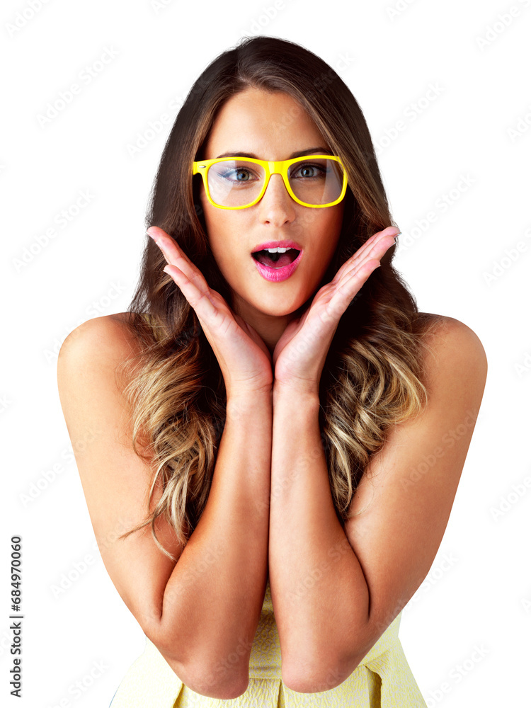 Surprise, portrait and woman in sunglasses for a fashion sale, promotion deal or discount offer. Wow, young model and shock for news or retail announcement and isolated on transparent png background Surprise, portrait and woman in sunglasses for a fashion sale, promotion deal or discount offer. Wow, young model and shock for news or retail announcement and isolated on transparent png background