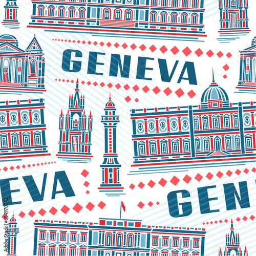 Vector Geneva Seamless Pattern, square repeat background with illustration of famous geneva city scape on white background, decorative line art modern urban poster with blue text geneva for home decor
