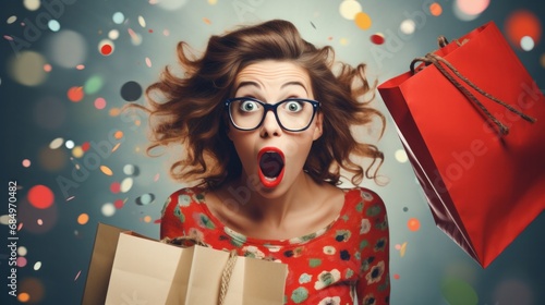 shopping woman shock face and shopping bag, shopping, shopper, woman, background, shopaholic, fashion,  female, beauty, mall, bag, customer,
