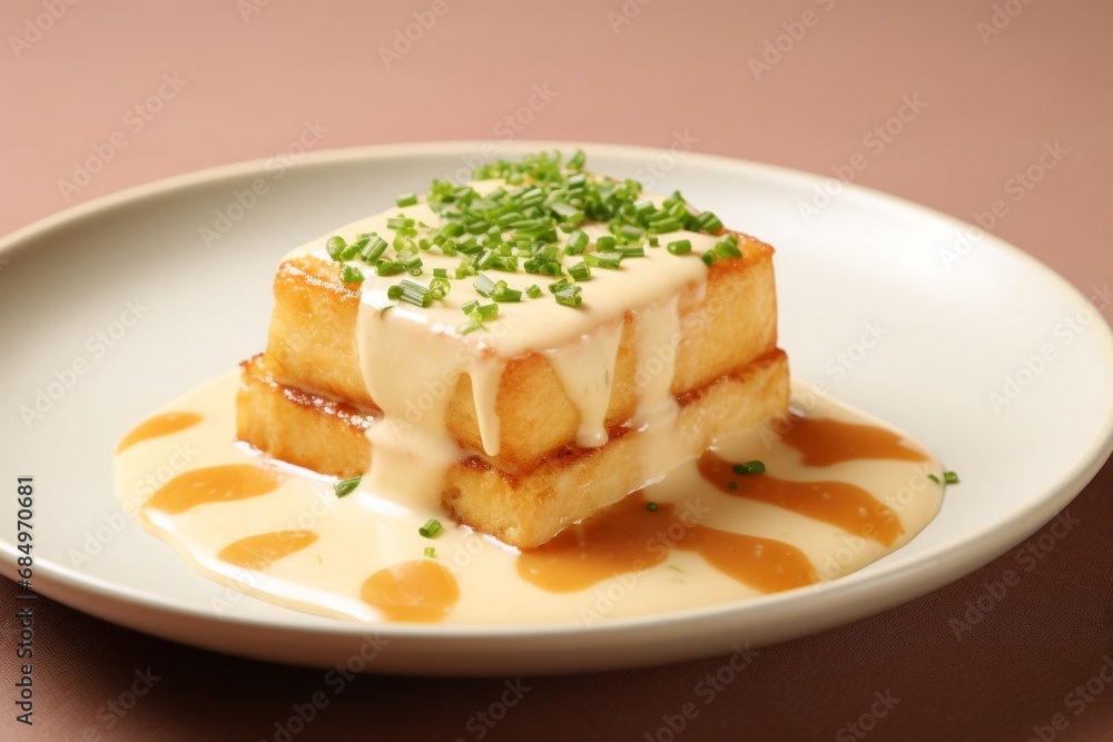 A piece of cooked vegan or vegetarian soybean cheese tofu with white dressing or sour cream bechamel sauce and fresh green dill, close-up. A piece of cooked vegan or vegetarian soybean cheese tofu with white dressing or sour cream bechamel sauce and fresh green dill, close-up.