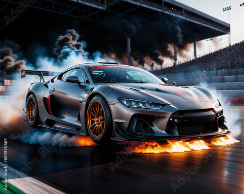 a powerful sports car burns rubber while driving along the highway, clouds of smoke and fire coming from under the wheels. Generated AI © ASPmedia