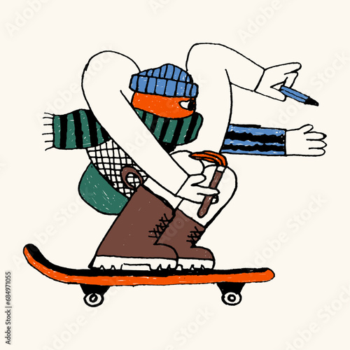 retro character skateboarding illustration. cute skateboarding art