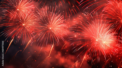 Close-Up of Bold and Fiery Red Fireworks Display, with Crimson and Scarlet Explosions lighting up the New Year's Night Sky