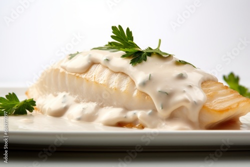 A piece of cooked white fish filet steak with dressing or sour cream bechamel sauce and fresh green dill, close-up.
