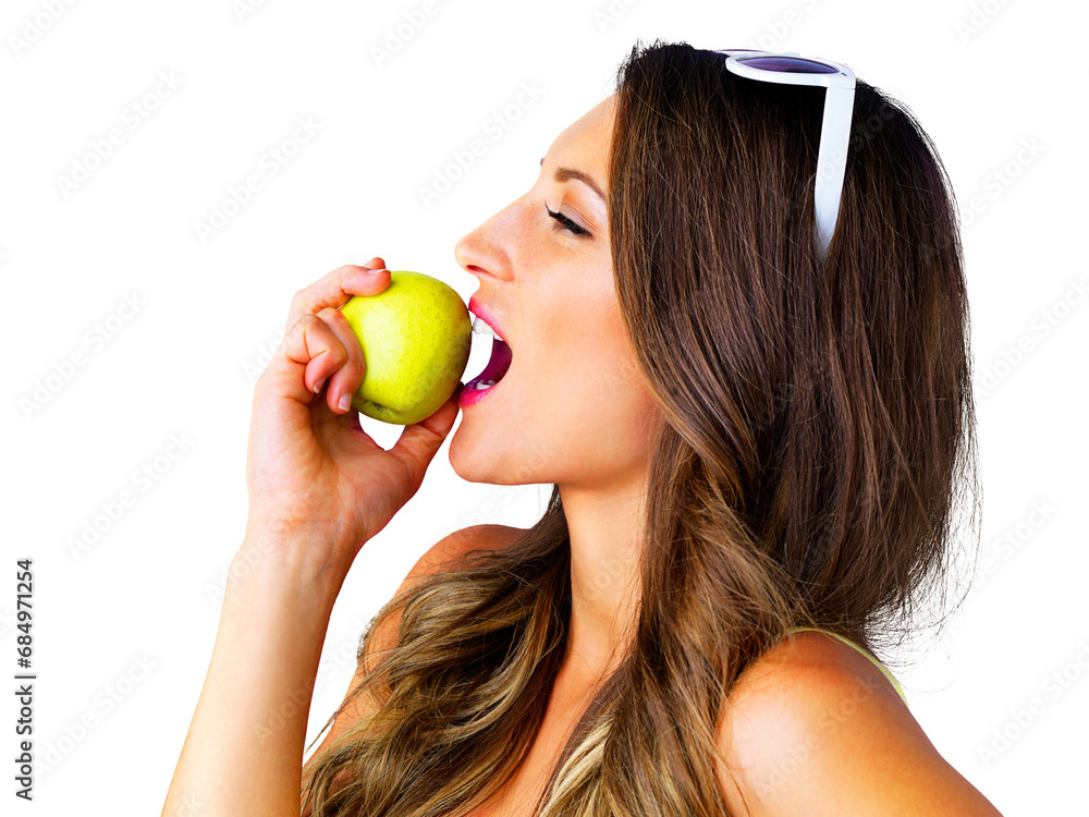 Nutrition, health and woman eating apple for wellness snack on vegan, natural and organic diet. Happy, smile and young female person enjoying a green fruit isolated by transparent png background. Nutrition, health and woman eating apple for wellness snack on vegan, natural and organic diet. Happy, smile and young female person enjoying a green fruit isolated by transparent png background.