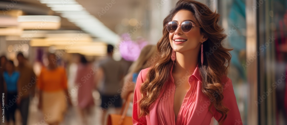 In a crowded shopping mall, a woman of Asian descent with a modern lifestyle and a passion for fashion was happily exploring the vibrant display of clothes on sale, her pink sunglasses complementing