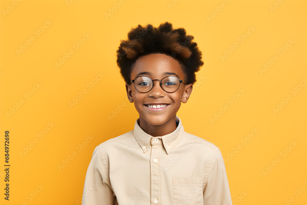 portrait of happy nerdy black boy isolated on yellow background portrait of happy nerdy black boy isolated on yellow background