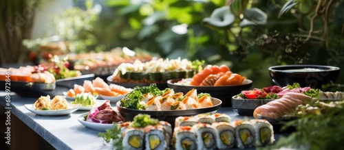 At the Japanese-themed party, guests eagerly indulged in a variety of exquisite and healthy delicacies, including fresh sushi rolls, vibrant red salad with a medley of leafy greens, and succulent