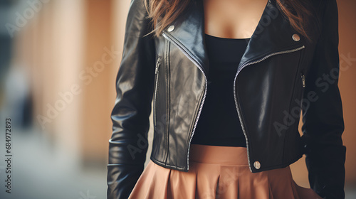 Leather jacket and leather skirt on the model. Detailed photo.