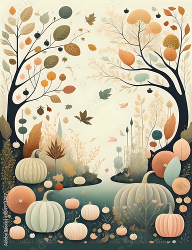 Autumn Background with Trees, Leaves and Pumpkins, Generative AI
