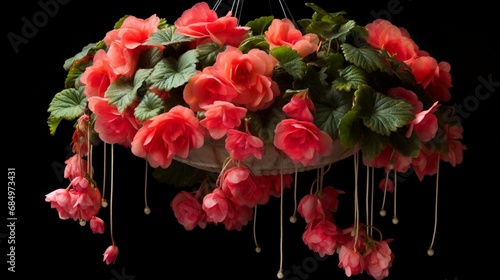 A stunning  high-detailed 8K photograph of a cascading Begonia plant in a hanging basket.