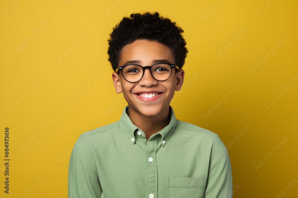 portrait of happy nerdy black teen boy isolated on yellow background portrait of happy nerdy black teen boy isolated on yellow background