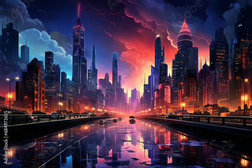 The bustling city center shines with a futuristic sky photo