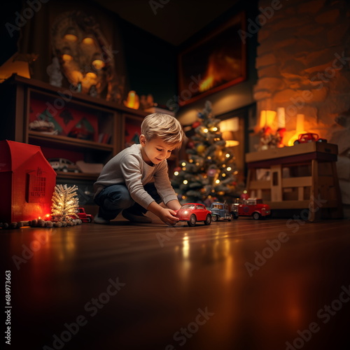 Cute little boy playing with toy car at home. Christmas and New Year concept.
