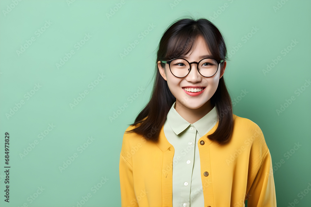 portrait of happy nerdy Asian teen girl isolated on green background portrait of happy nerdy Asian teen girl isolated on green background