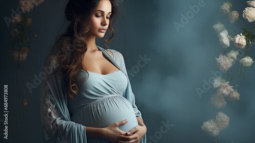 Beautiful pregnant woman in a light blue pastel dress on a dark gradient background.