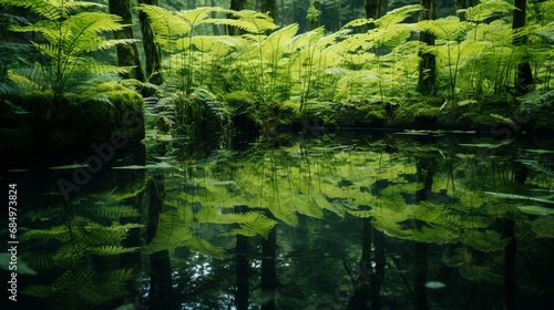 A tranquil pond surrounded by Crown Shyness Ferns (Various species) in full ultra HD 8K resolution, where the water's reflection perfectly mirrors the ferns' intricate leaf patterns.