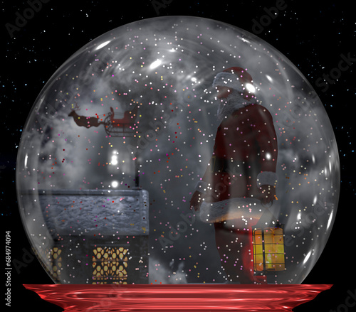 Snow globe with Santa Claus walking on the rooftop and chimneys on Christmas night with moonlight. A sleigh with reindeer in the sky.