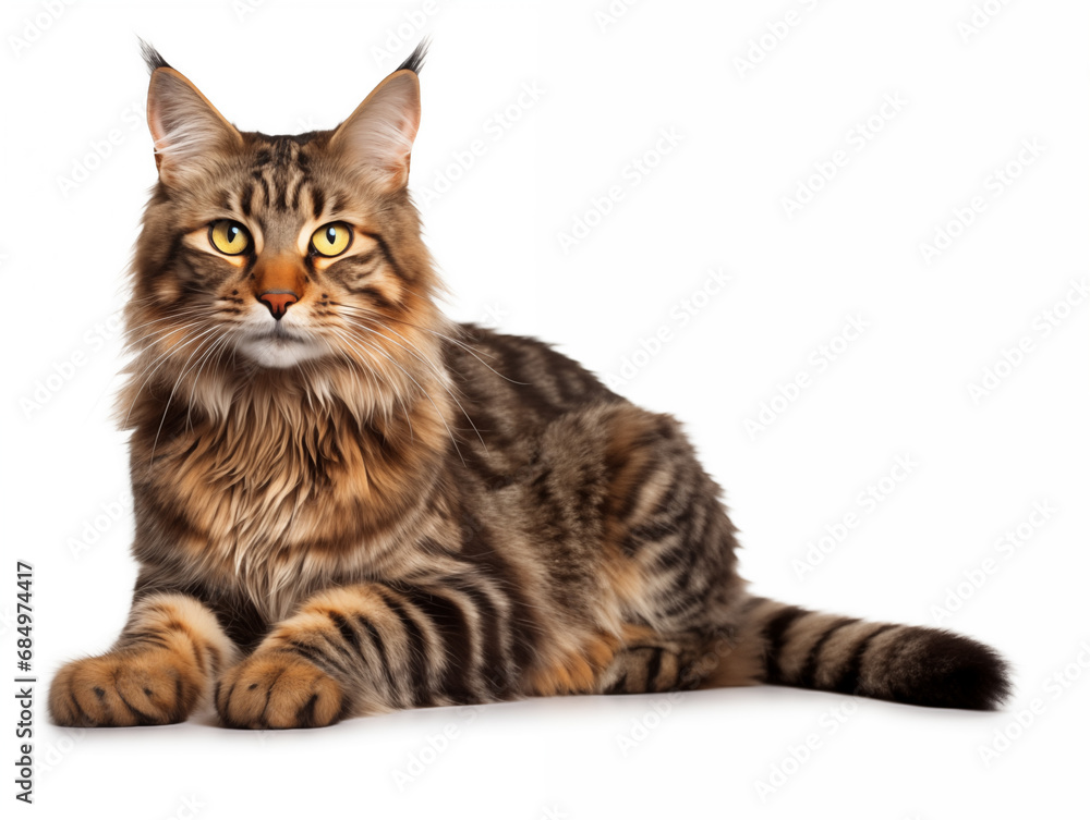 Purebred cat of the Maine Coon breed in full growth. Isolated on a white background.