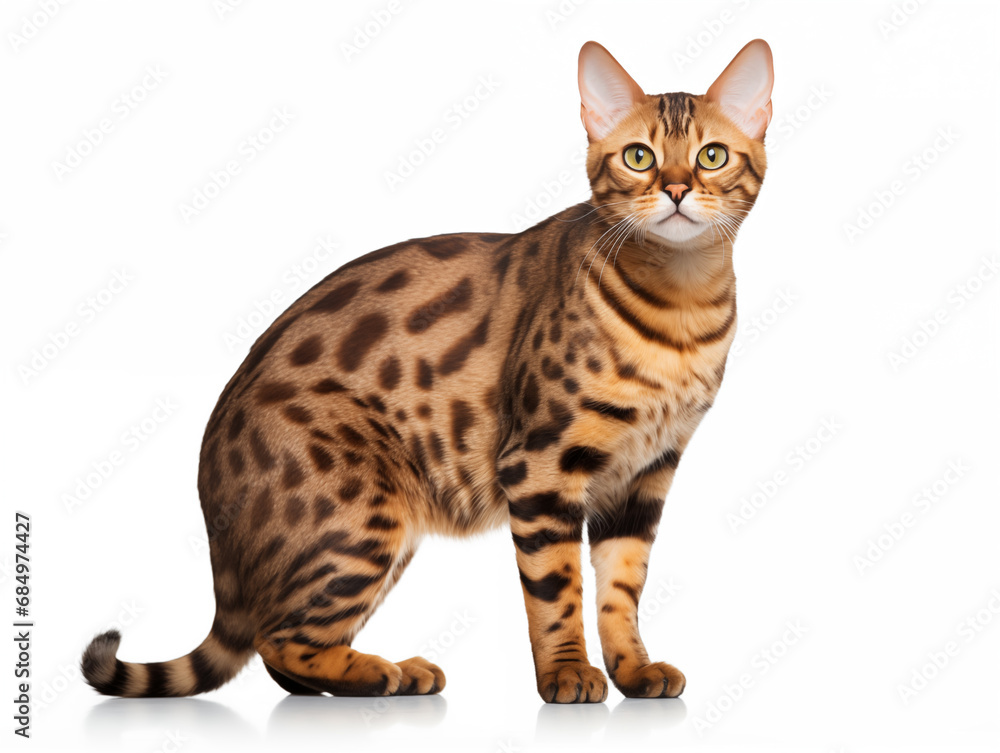Purebred cat of the Bengal breed in full growth. Isolated on a white background. Purebred cat of the Bengal breed in full growth. Isolated on a white background.