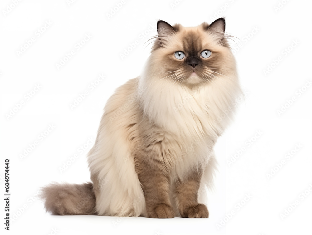 Purebred cat of the color-point Persian breed in full growth. Isolated on a white background.