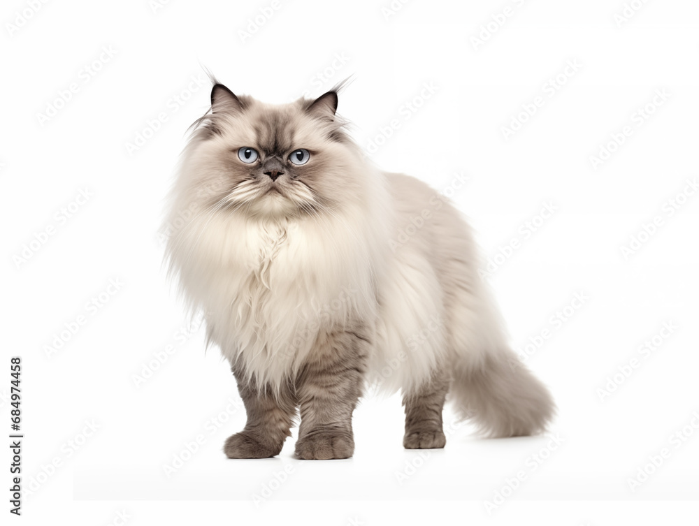 Purebred cat of the color-point Persian breed in full growth. Isolated on a white background.
