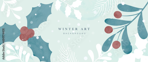 Watercolor winter botanical leaves background vector illustration. Hand drawn winter leaf branches, pine leaves, holly sprig, snowfall. Design for print, banner, poster, wallpaper, decoration.