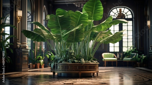 Alocasia Maharani (Alocasia Sarian) as a centerpiece in an elegant room, captured in 8K resolution. photo