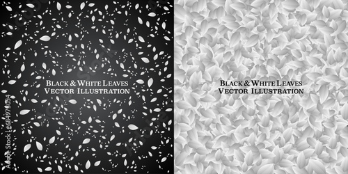 Black and White Leaves horizontal fill banner advertising template background. Fill with a leafy texture. Realistic Blue and Indigo leaves background. Vector illustration.