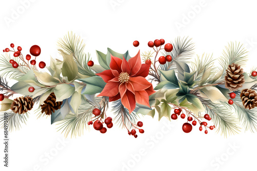 Christmas decorative seamless border. Watercolor banner. Poinsettia  coniferous branches  cones  ilex  holly berry. Repeating garland 3D rendering. generative ai.