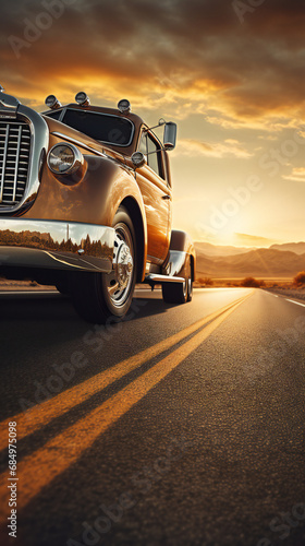 extreme close up of a vintage american truck driving down a highway at sunset day © Ekaterina