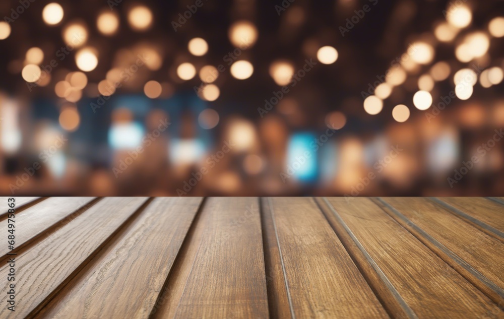 Wood table on blurred bar background Wood table on blurred bar background
