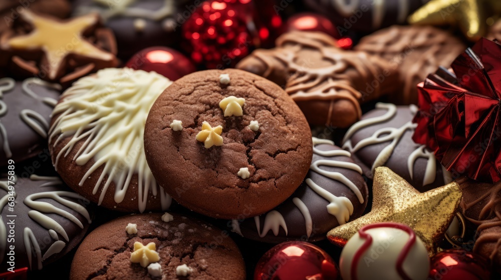 a macro of delicious chocolate and ginger bread christmas cookies with festive edible xmas decoration a macro of delicious chocolate and ginger bread christmas cookies with festive edible xmas decoration