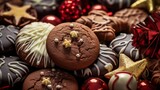 a macro of delicious chocolate and ginger bread christmas cookies with festive edible xmas decoration