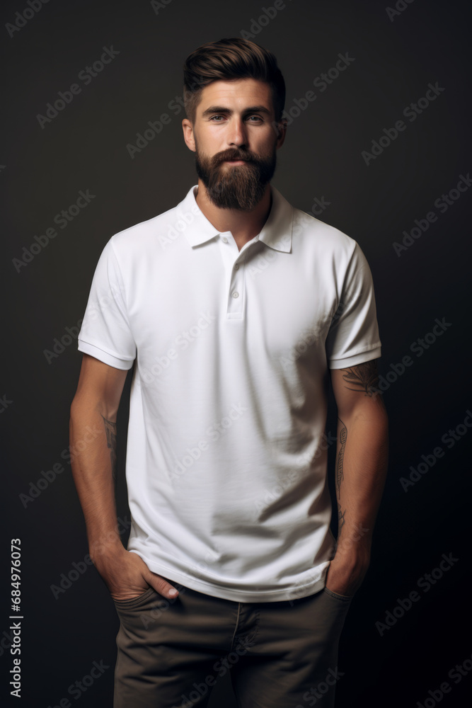 Fototapeta premium Caucasian young handsome man wearing trendy basic blank mockup white polo shirt clothing