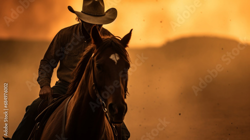 Man riding a horse and wearing a cowboy hat with dusty landscape and sunset colors with copy space