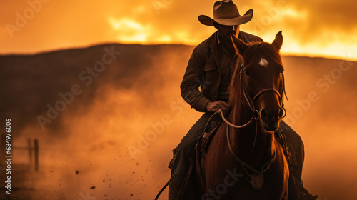 Man riding a horse and wearing a cowboy hat with dusty landscape and sunset colors with copy space photo