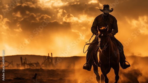 Man riding a horse and wearing a cowboy hat with dusty landscape and sunset colors with copy space photo