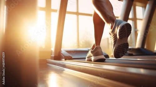 Close-up of man feet on a treadmill running at the gym or at home photo