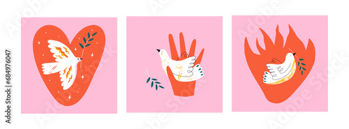 3 postcards with pigeons symbol of peace. International Day Of Peace. Banners with dove, flame, heart. Banner, card with symbol of no war, world peace. Vector illustration. .