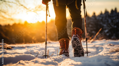 Close-up of shoes of a hiker walking in the snow with hiking sticks during cold winter morning in middle of beautiful nature