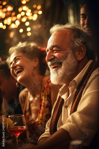 Elder adults having laugh and drink at a party vertical view