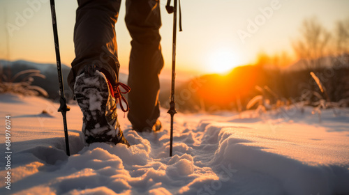 Close-up of shoes of a hiker walking in the snow with hiking sticks during cold winter morning in middle of beautiful nature © Keitma