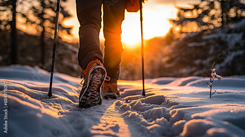 Close-up of shoes of a hiker walking in the snow with hiking sticks during cold winter morning in middle of beautiful nature © Keitma