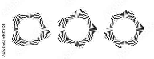 Radial wave sound lines. Circular frame. Sound circle ring. Wavy round frame. Radial rays symbol. Wavy geometric design element. Equalizers, radial spectrum. Vector illustration on white background.