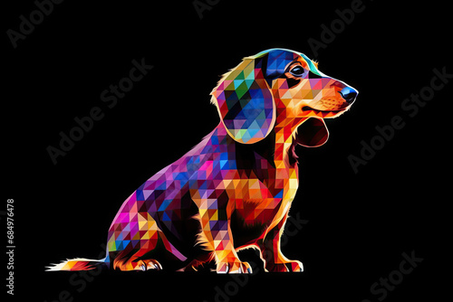 Isolated on a black background , portrait side view of a dachshund dog in a geometric colourful art style