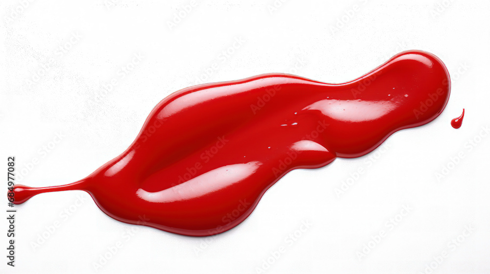 A Red drops of ketchup or sauce isolated on white background with contrasting paths. Full depth of field, focus stacking. A Red drops of ketchup or sauce isolated on white background with contrasting paths. Full depth of field, focus stacking.