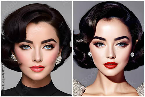 a virtual female face with the eye shape of Elizabeth Taylor, lips reminiscent of Audrey Hepburn, facial features resembling Marilyn Monroe, a nose inspired by BLACKPINK's Jisoo, generative Ai photo